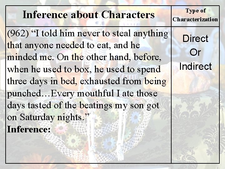 Inference about Characters (962) “I told him never to steal anything that anyone needed