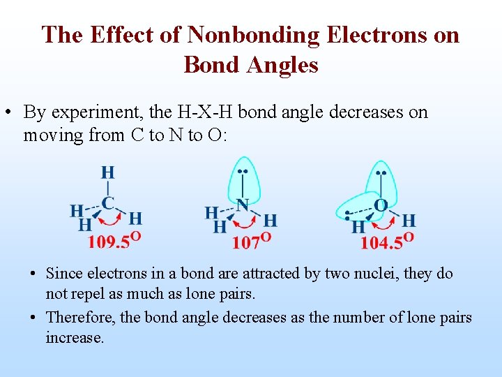 The Effect of Nonbonding Electrons on Bond Angles • By experiment, the H-X-H bond