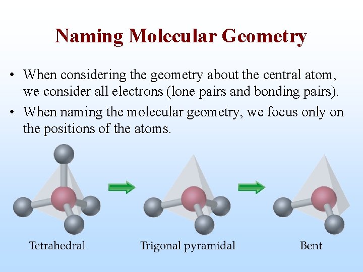 Naming Molecular Geometry • When considering the geometry about the central atom, we consider