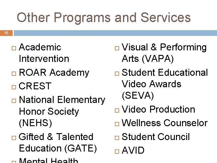 Other Programs and Services 15 Academic Intervention ROAR Academy CREST National Elementary Honor Society