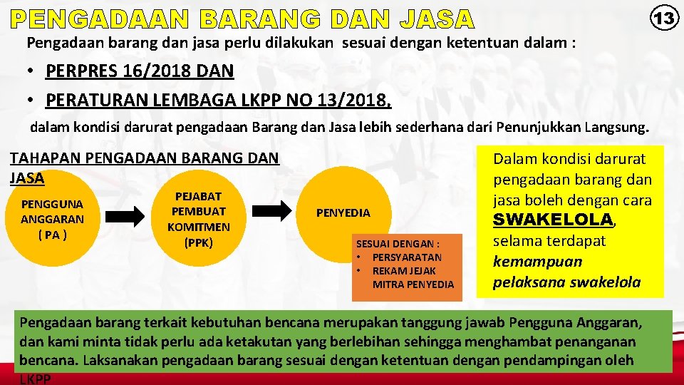 PENGADAAN BARANG DAN JASA 13 Pengadaan barang dan jasa perlu dilakukan sesuai dengan ketentuan