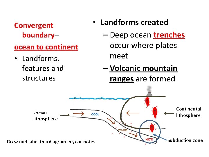 Convergent boundary– ocean to continent • Landforms, features and structures • Landforms created –