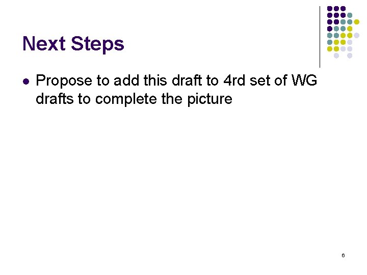 Next Steps l Propose to add this draft to 4 rd set of WG