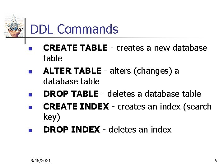 IST 210 DDL Commands n n n CREATE TABLE - creates a new database