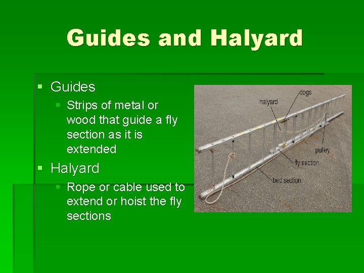 Guides and Halyard § Guides § Strips of metal or wood that guide a