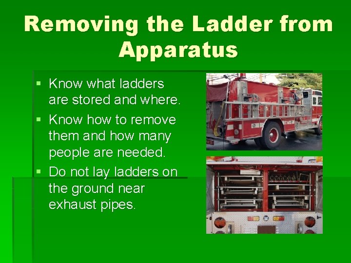 Removing the Ladder from Apparatus § Know what ladders are stored and where. §