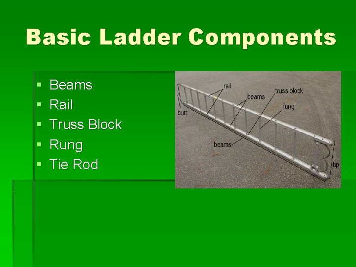 Basic Ladder Components § § § Beams Rail Truss Block Rung Tie Rod 