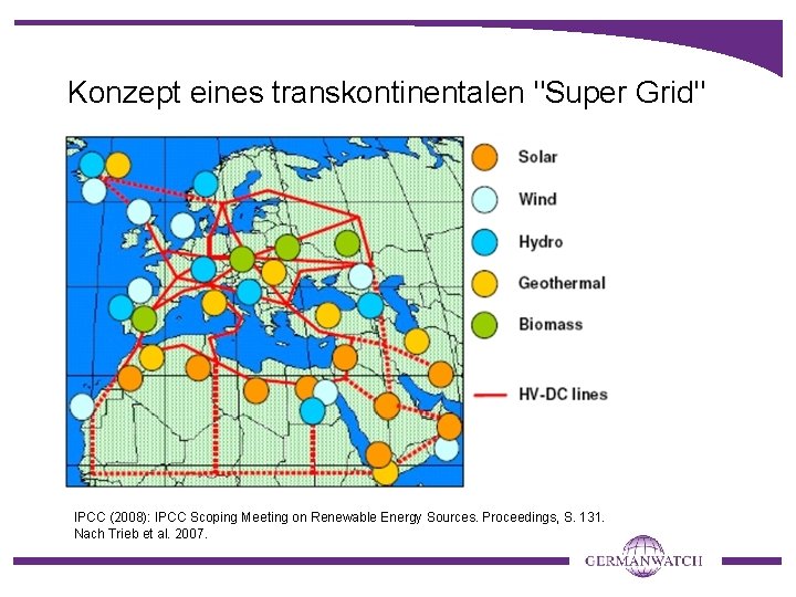Konzept eines transkontinentalen "Super Grid" IPCC (2008): IPCC Scoping Meeting on Renewable Energy Sources.