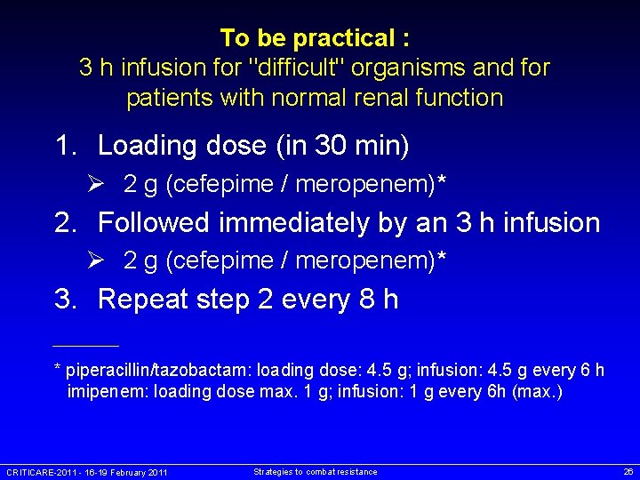 To be practical : 3 h infusion for "difficult" organisms and for patients with