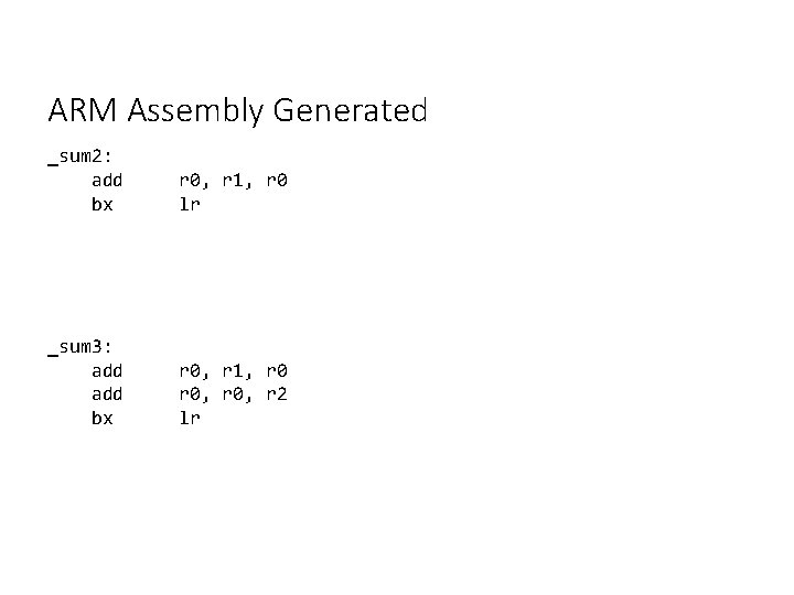 ARM Assembly Generated _sum 2: add bx r 0, r 1, r 0 lr