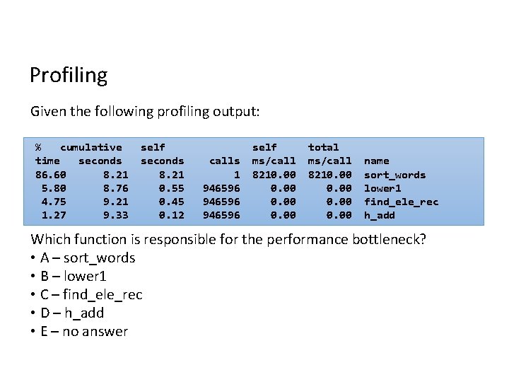 Profiling Given the following profiling output: % cumulative time seconds 86. 60 8. 21