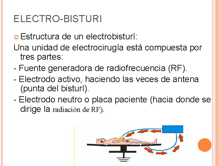 ELECTRO-BISTURI Estructura de un electrobisturí: Una unidad de electrocirugía está compuesta por tres partes: