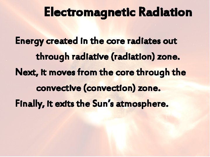 Electromagnetic Radiation Energy created in the core radiates out through radiative (radiation) zone. Next,