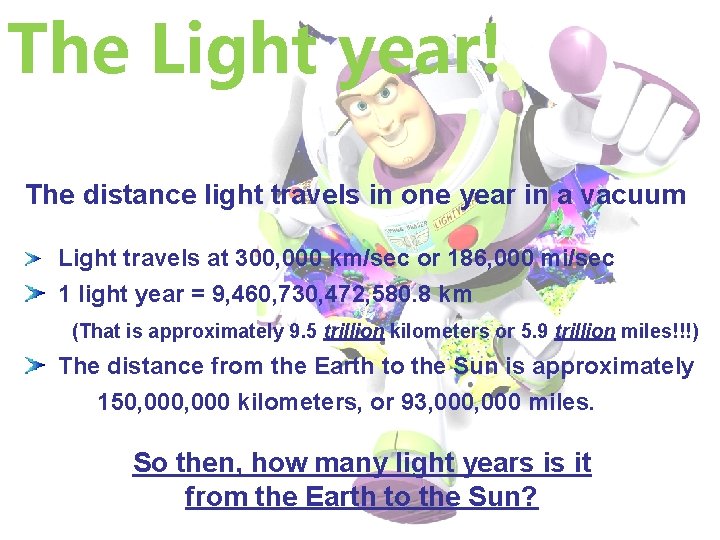 The Light year! The distance light travels in one year in a vacuum Light