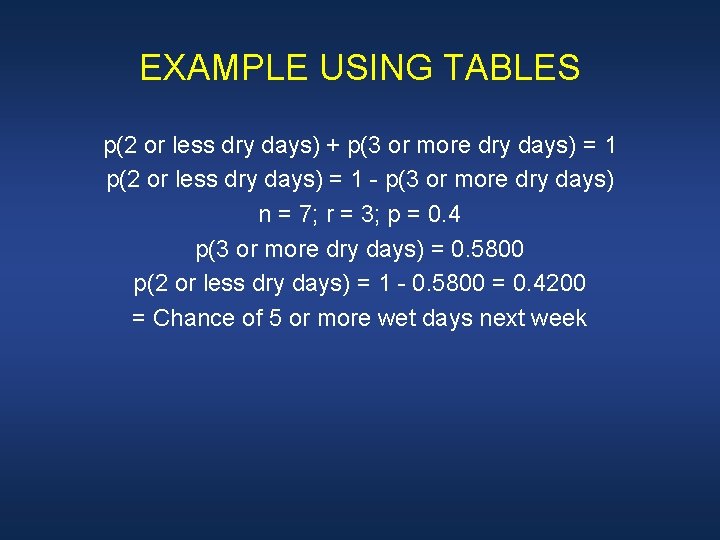 EXAMPLE USING TABLES p(2 or less dry days) + p(3 or more dry days)