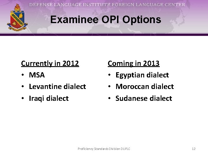 Examinee OPI Options Currently in 2012 • MSA • Levantine dialect • Iraqi dialect