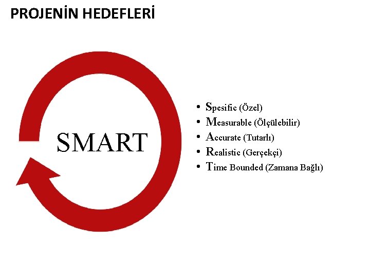 PROJENİN HEDEFLERİ SMART • • • Spesific (Özel) Measurable (Ölçülebilir) Accurate (Tutarlı) Realistic (Gerçekçi)