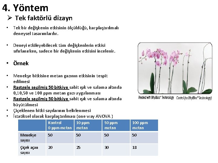 4. Yöntem Ø Tek faktörlü dizayn • Tek bir değişkenin etkisinin ölçüldüğü, karşılaştırılmalı deneysel