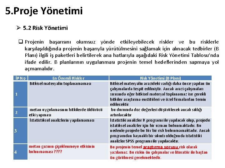 5. Proje Yönetimi Ø 5. 2 Risk Yönetimi q Projenin başarısını olumsuz yönde etkileyebilecek