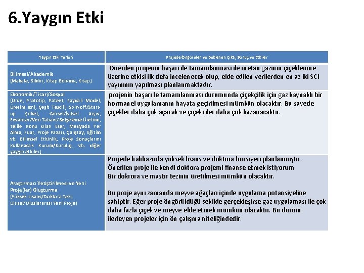 6. Yaygın Etki Türleri Bilimsel/Akademik (Makale, Bildiri, Kitap Bölümü, Kitap) Ekonomik/Ticari/Sosyal (Ürün, Prototip, Patent,