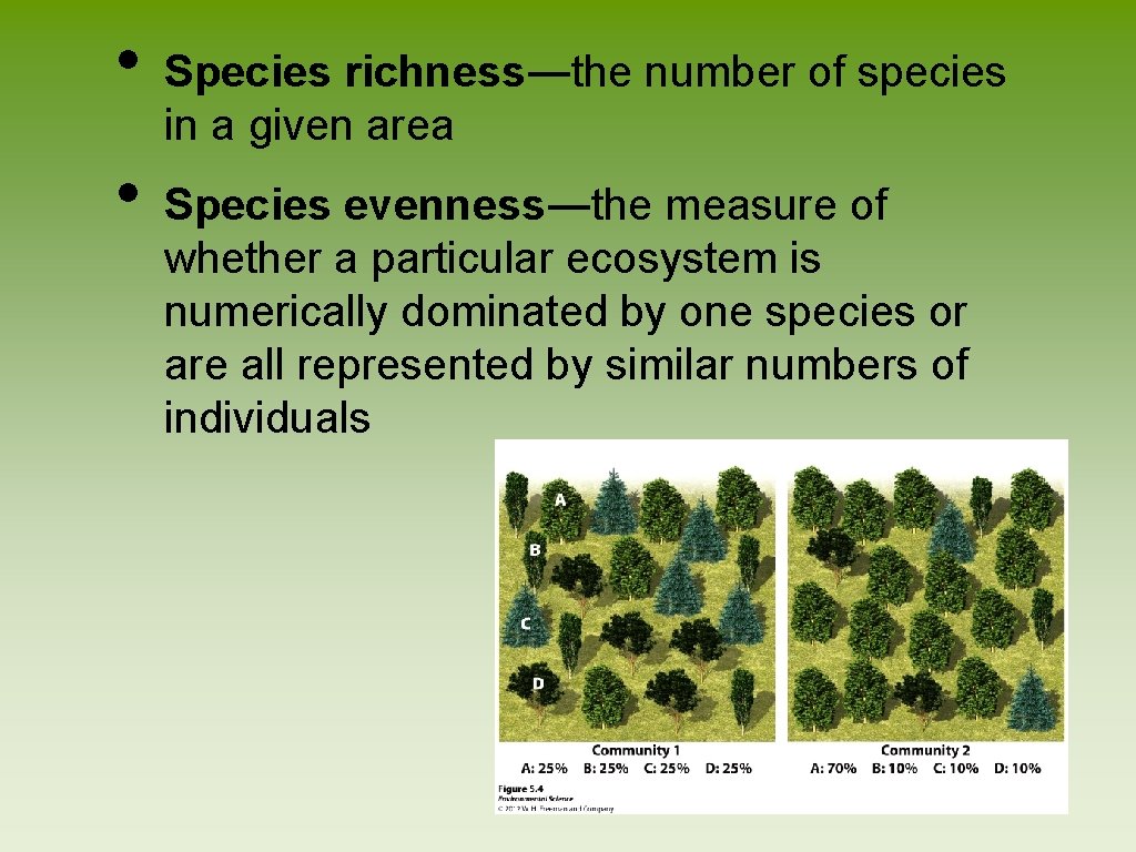  • • Species richness―the number of species in a given area Species evenness―the
