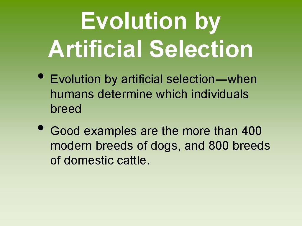 Evolution by Artificial Selection • Evolution by artificial selection―when humans determine which individuals breed