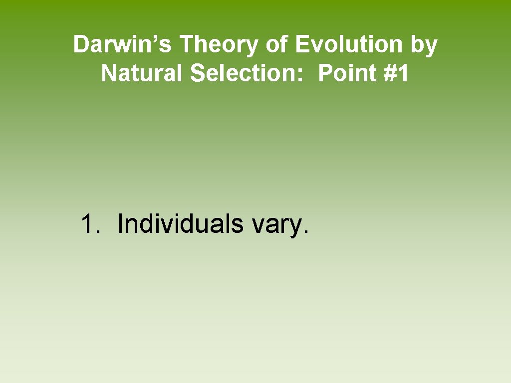 Darwin’s Theory of Evolution by Natural Selection: Point #1 1. Individuals vary. 