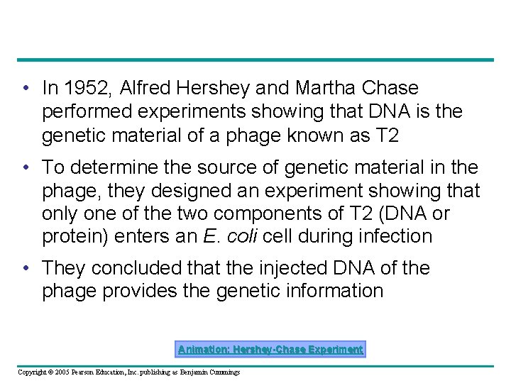  • In 1952, Alfred Hershey and Martha Chase performed experiments showing that DNA