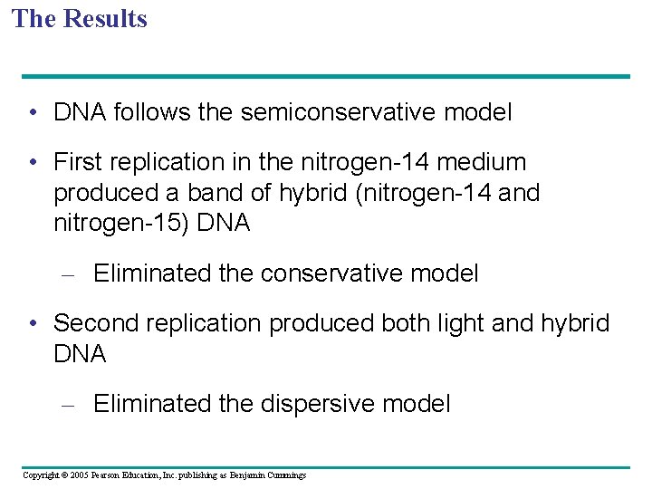 The Results • DNA follows the semiconservative model • First replication in the nitrogen-14