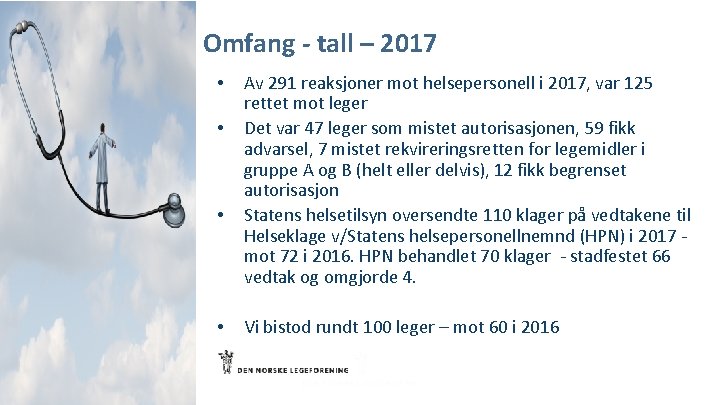 Omfang - tall – 2017 • • Av 291 reaksjoner mot helsepersonell i 2017,