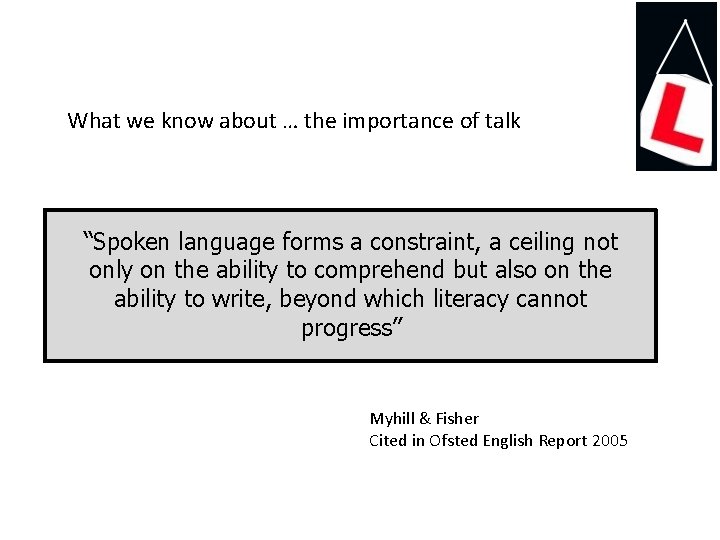 What we know about … the importance of talk “Spoken language forms a constraint,