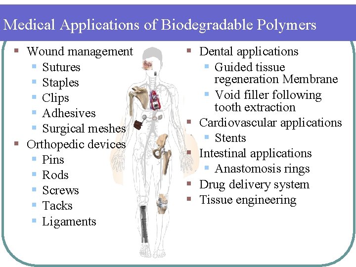 Medical Applications of Biodegradable Polymers § Wound management § Sutures § Staples § Clips