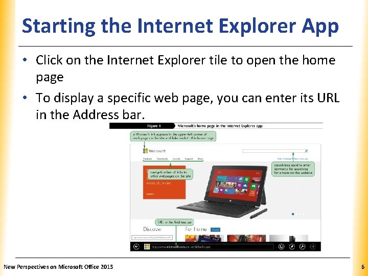 Starting the Internet Explorer App. XP • Click on the Internet Explorer tile to
