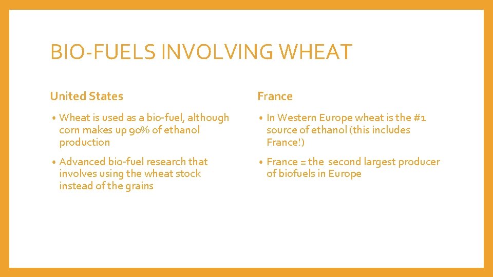 BIO-FUELS INVOLVING WHEAT United States France • Wheat is used as a bio-fuel, although