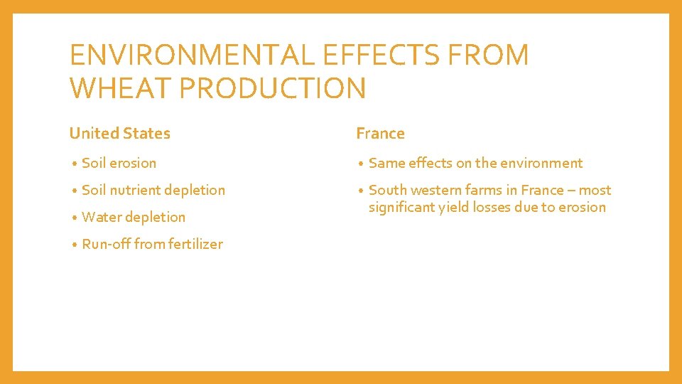 ENVIRONMENTAL EFFECTS FROM WHEAT PRODUCTION United States France • Soil erosion • Same effects