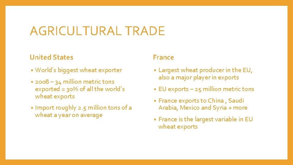 AGRICULTURAL TRADE United States France • World’s biggest wheat exporter • • 2008 –