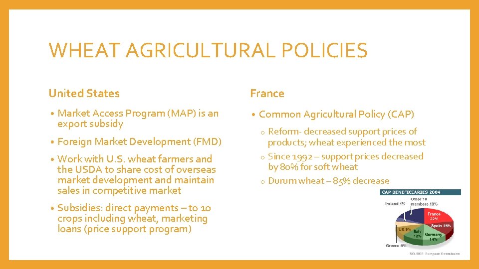 WHEAT AGRICULTURAL POLICIES United States • Market Access Program (MAP) is an export subsidy