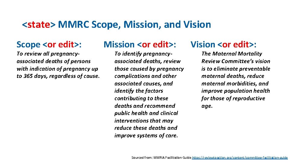 <state> MMRC Scope, Mission, and Vision Scope <or edit>: To review all pregnancyassociated deaths