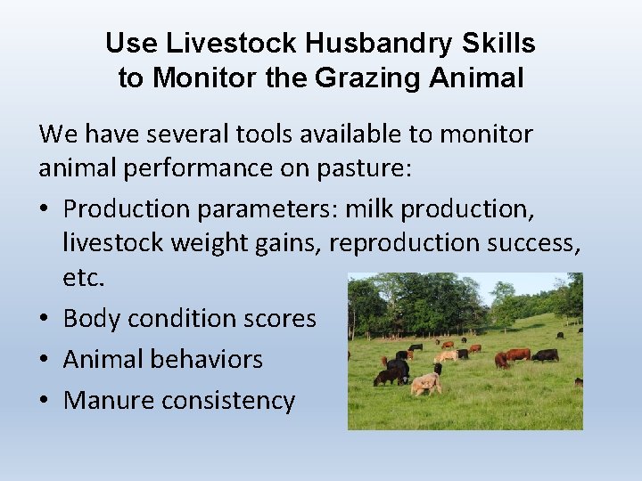 Use Livestock Husbandry Skills to Monitor the Grazing Animal We have several tools available