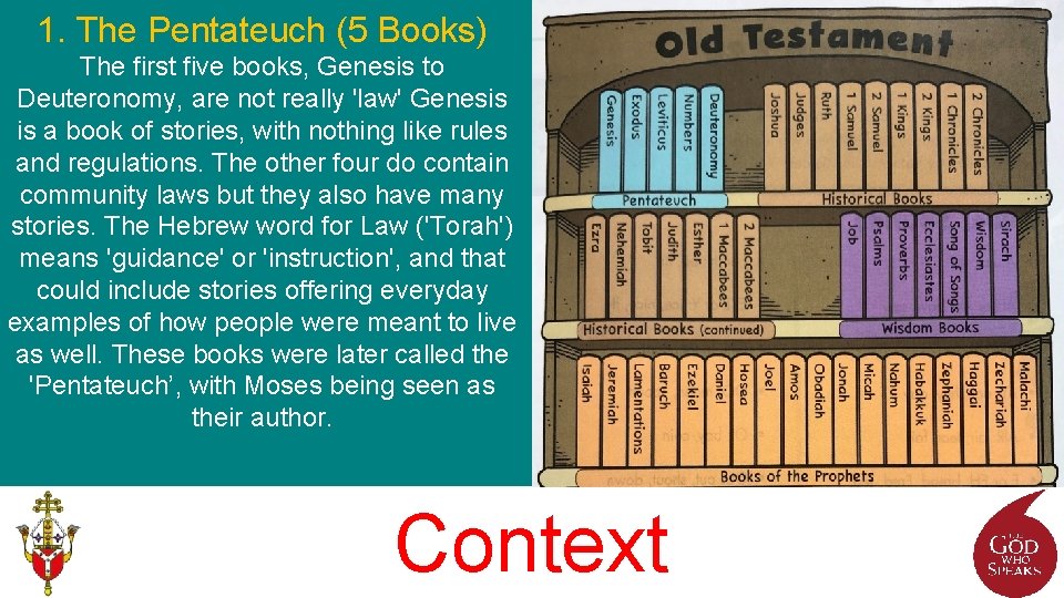 1. The Pentateuch (5 Books) The first five books, Genesis to Deuteronomy, are not