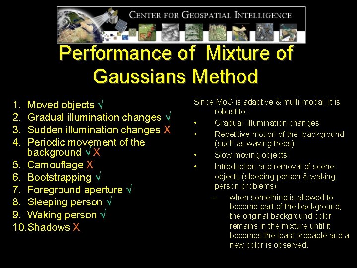 Performance of Mixture of Gaussians Method 1. 2. 3. 4. Moved objects √ Gradual