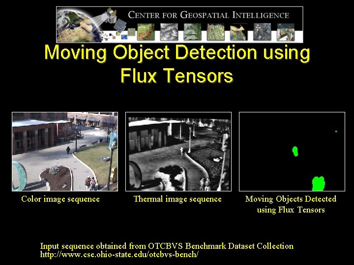 Moving Object Detection using Flux Tensors Color image sequence Thermal image sequence Moving Objects