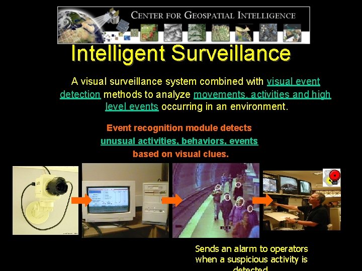 Intelligent Surveillance A visual surveillance system combined with visual event detection methods to analyze