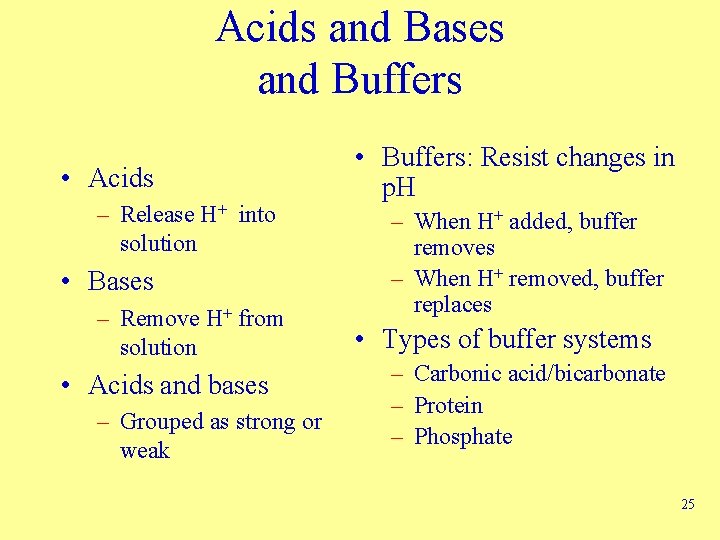 Acids and Bases and Buffers • Acids – Release H+ into solution • Bases