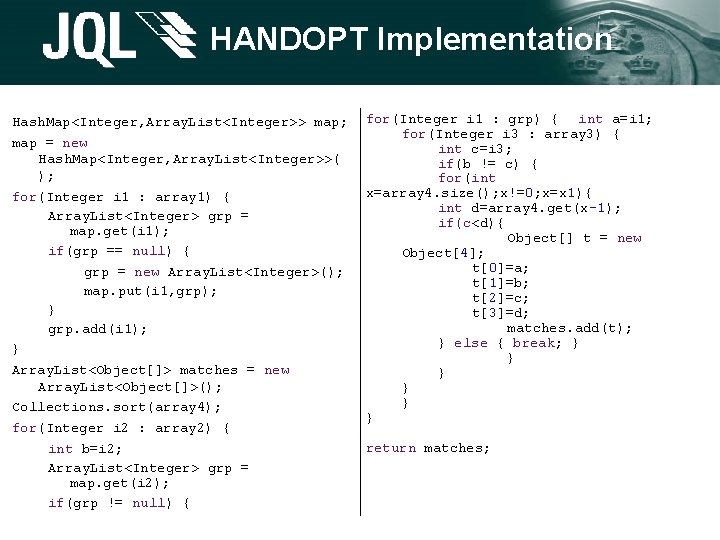 HANDOPT Implementation Hash. Map<Integer, Array. List<Integer>> map; map = new Hash. Map<Integer, Array. List<Integer>>( HANDOPT Implementation Hash. Map<Integer, Array. List<Integer>> map; map = new Hash. Map<Integer, Array. List<Integer>>(