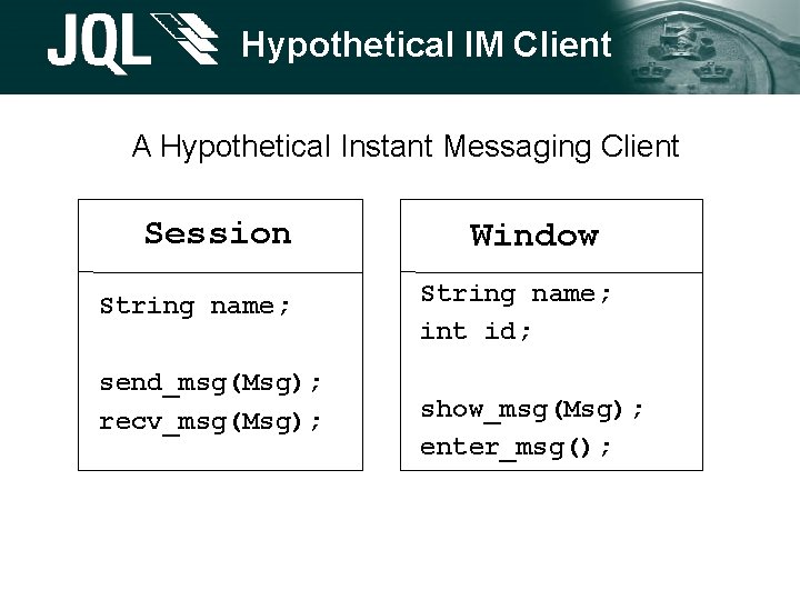 Hypothetical IM Client A Hypothetical Instant Messaging Client Session String name; send_msg(Msg); recv_msg(Msg); Window Hypothetical IM Client A Hypothetical Instant Messaging Client Session String name; send_msg(Msg); recv_msg(Msg); Window