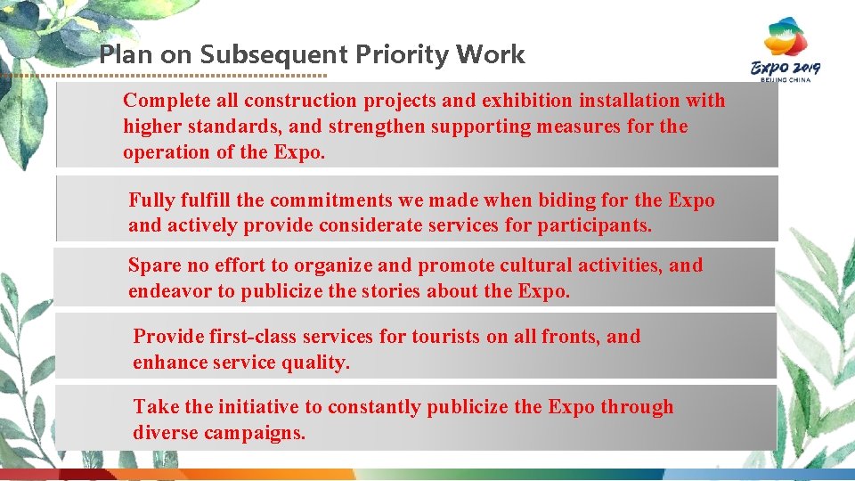 Plan on Subsequent Priority Work Complete all construction projects and exhibition installation with higher