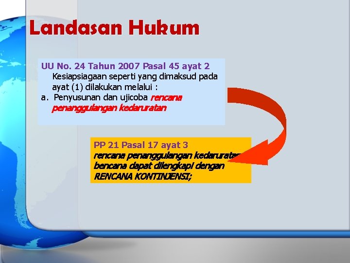 Landasan Hukum UU No. 24 Tahun 2007 Pasal 45 ayat 2 Kesiapsiagaan seperti yang