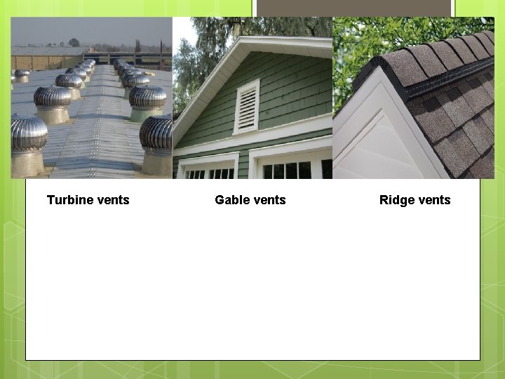 Turbine vents Gable vents Ridge vents 