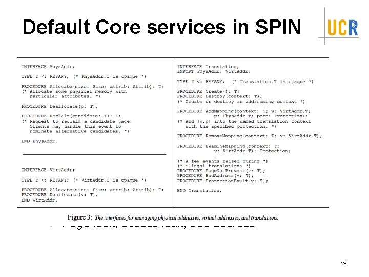 Default Core services in SPIN Memory management (of memory allocated to the extension) Physical